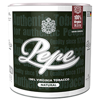 Pepe Dark Green 100g罐装参考包装：白边圆罐，深绿色标签，白色Pepe手写字，右上可见100g与DARK GREEN