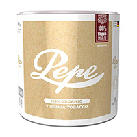 Pepe Organic 100g罐装参考包装：白边圆罐，金色标签，白色Pepe字标，右上可见100g，下方有ORGANIC文字