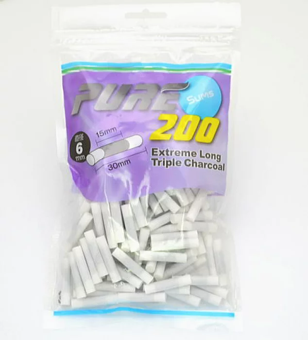 PURE Slim Extreme Long Triple Charcoal 200参考包装:紫色袋面标注TRIPLE CHARCOAL、30mm与200,附黑色段示意