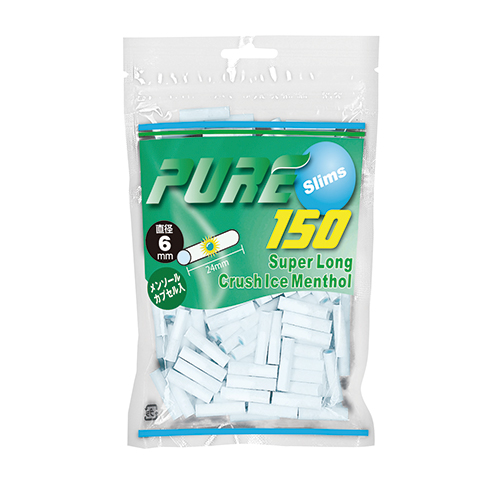 PURE Slim Ice Crush Super Long Menthol 150参考包装:绿黑色袋面写CRUSH ICE MENTHOL、SUPER LONG与150,并有圆形剖面示意
