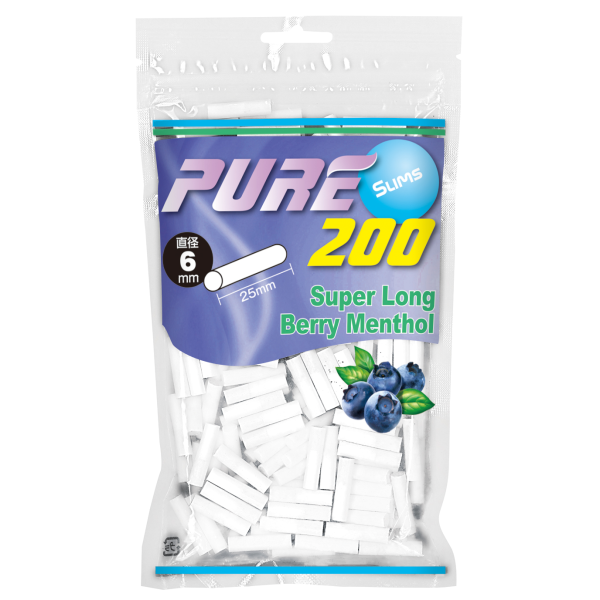 PURE Slim Super Long Berry Menthol 200参考包装:紫蓝色袋面有浆果图形,BERRY MENTHOL及200可见