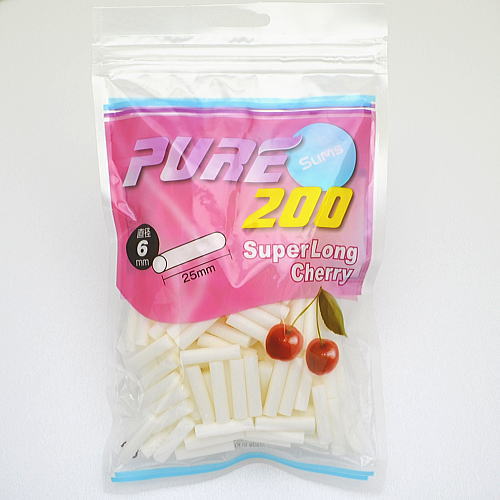 PURE Slim Super Long Cherry 200参考包装:粉色袋面有樱桃图形,CHERRY、25mm与200可见