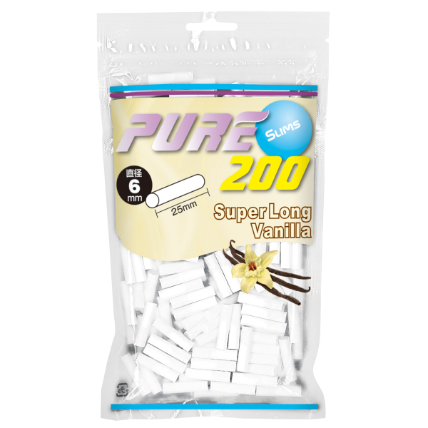 PURE Slim Super Long Vanilla 200参考包装:黄蓝色袋面含花朵图形,VANILLA和200清楚
