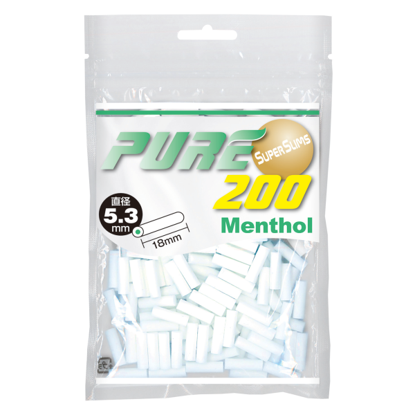 PURE Super Slim Menthol 200参考包装:绿色袋面与黄色PURE字标组合,MENTHOL和200可读