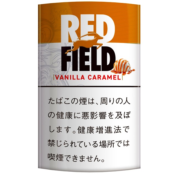 Redfield Vanilla Caramel 20g参考包装：橙色顶栏与白色下半区，RED FIELD分两行，旁有焦糖主题小图，名称写VANILLA CARAMEL