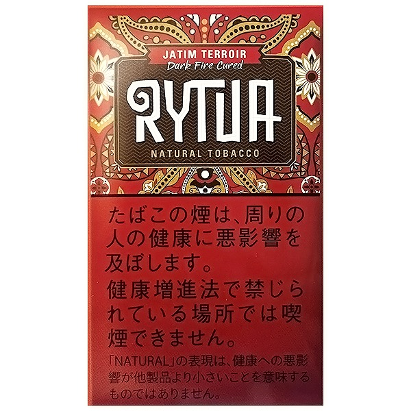 RYTUA Jatim Terroir 袋装参考包装：红色袋面，上部为多色对称纹样，大号RYTUA上方写JATIM TERROIR与Dark Fire Cured