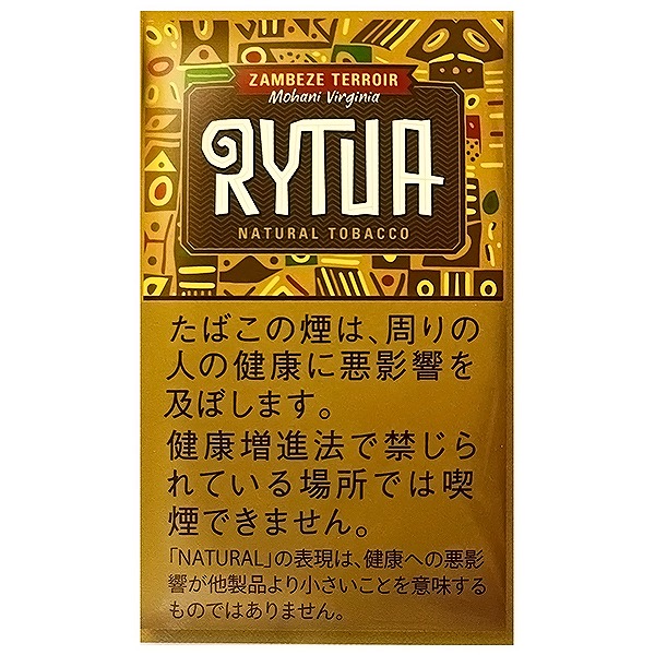 RYTUA Zambeze Terroir 袋装参考包装：黄色袋面配几何线条，上方写ZAMBEZE TERROIR与Mellow Virginia，大号RYTUA居中
