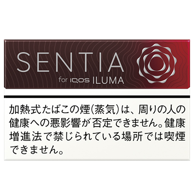 SENTIA Icy Red参考包装:上部为黑红渐变与右侧圆纹,下部白底日文警示,正面可读SENTIA和ILUMA