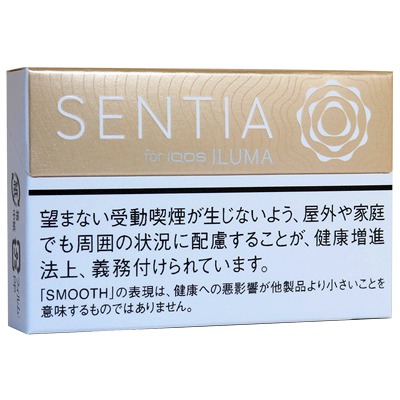 SENTIA Smooth Gold参考包装:斜视横盒顶部呈浅金色,右端白色圆纹,下部警示另有SMOOTH说明