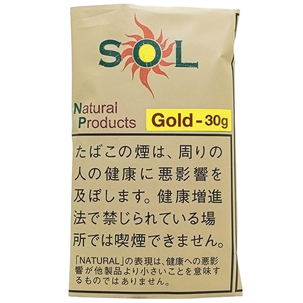 SOL Gold 30g参考包装：米色袋面，上方SOL的O结合红色太阳图，黄色条写Gold-30g，下方为日文警示