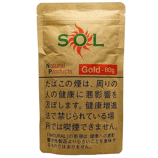 SOL Gold 80g参考包装：牛皮纸色直立袋，上有SOL太阳字标，红色条写Gold-80g，袋口可见封合线