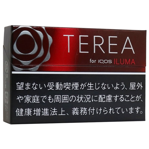 TEREA Black Ruby Menthol参考包装:上栏黑色与红色相接,左侧圆纹为银色,下部黑底日文警示