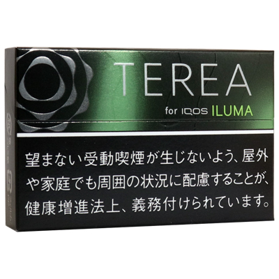 TEREA Black Yellow Menthol参考包装:黑色横盒上栏中央有黄绿色渐变,银色圆纹靠左,下部黑底警示