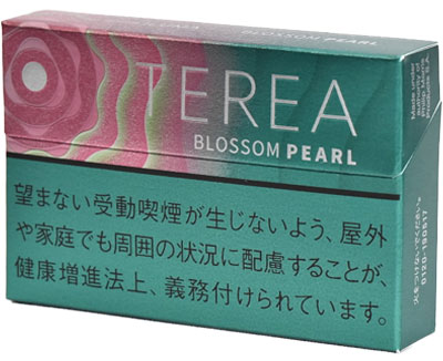 TEREA Blossom Pearl参考包装:横盒左部粉色层叠圆纹向青绿过渡,TEREA和BLOSSOM PEARL完整可读