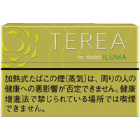 TEREA Bright Menthol参考包装:小图呈黄棕色,左侧圆纹和TEREA为银白,下部黑字警示