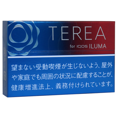 TEREA Ruby Regular参考包装:蓝色横盒上栏中间转为紫红色,左侧银白圆纹,下部蓝底白字警示