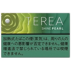 TEREA Shine Pearl参考包装:左侧黄绿色层叠圆纹带白点,右侧绿色底上写SHINE PEARL