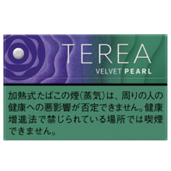 TEREA Velvet Pearl参考包装：小图左侧紫色圆纹中央有白点，右侧绿色，VELVET PEARL文字可辨