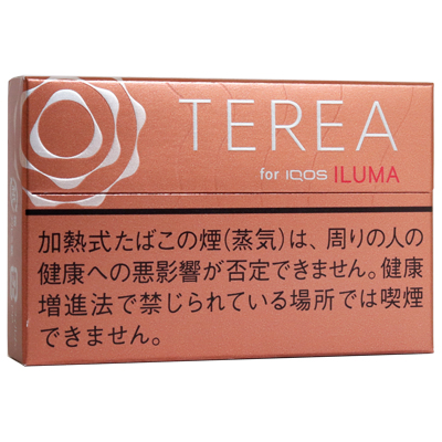 TEREA Warm Regular参考包装：横盒通体呈浅橙棕色，上栏左侧银白圆纹，右侧TEREA字标