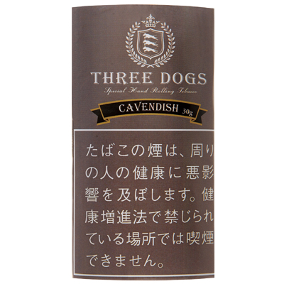 Three Dogs Cavendish Blend 30g参考包装：棕色袋面，黑色金边缎带写CAVENDISH与30g，上方为枝叶围绕的盾徽