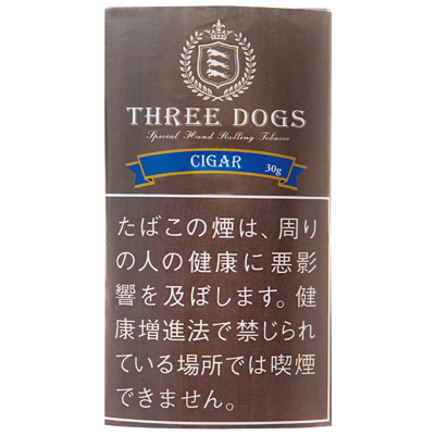Three Dogs Cigar Blend 30g参考包装：棕色袋面，蓝色金边缎带写CIGAR与30g，上方为白色品牌字标