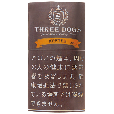 Three Dogs Kretek Blend 30g参考包装：棕色袋面，橙色金边缎带写KRETEK与30g，底部保留日文警示