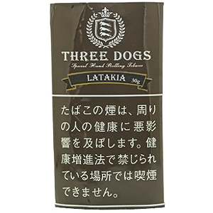 Three Dogs Latakia 30g参考包装：棕色袋面，上方冠饰盾徽与枝叶图，黑色金边缎带写LATAKIA及30g
