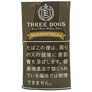 Three Dogs Madagascar Vanilla 30g参考包装：棕色袋面，盾徽下为THREE DOGS，金色缎带上写MADAGASCAR VANILLA及30g
