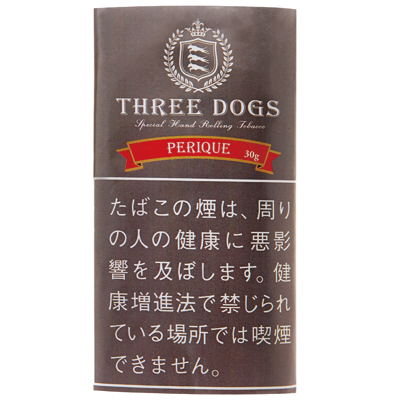 Three Dogs Perique Blend 30g参考包装：棕色袋面，红色金边缎带写PERIQUE与30g，日文警示用白字