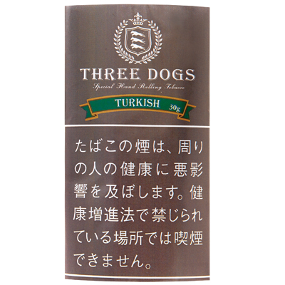 Three Dogs Turkish Blend 30g参考包装：棕色袋面，绿色金边缎带写TURKISH与30g，上方为冠饰盾徽