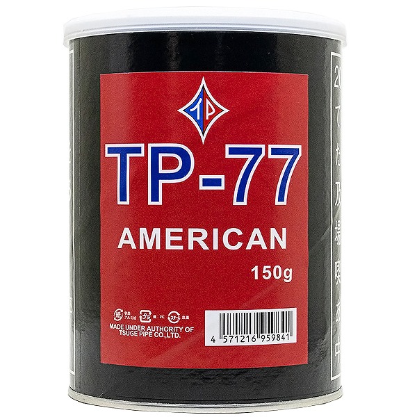 TP-77 American Blend 150g罐装参考包装：黑色圆罐配红色标签，TP-77下方写AMERICAN及150g，底部有条码