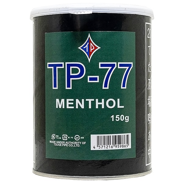TP-77 Menthol Blend 150g罐装参考包装：黑色圆罐配绿色标签，TP-77下方写MENTHOL和150g，底部有条码