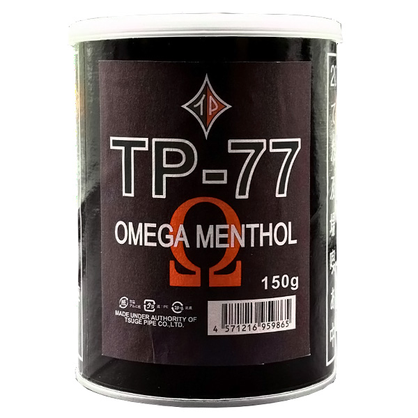 TP-77 Omega Menthol 150g罐装参考包装：黑色圆罐配深色标签，大号TP-77下面为橙色Ω及OMEGA MENTHOL，右下标150g