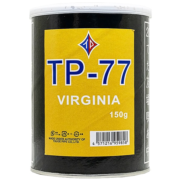 TP-77 Virginia Blend 150g罐装参考包装：黑色圆罐配黄色标签，蓝字TP-77，白字VIRGINIA与150g在下方