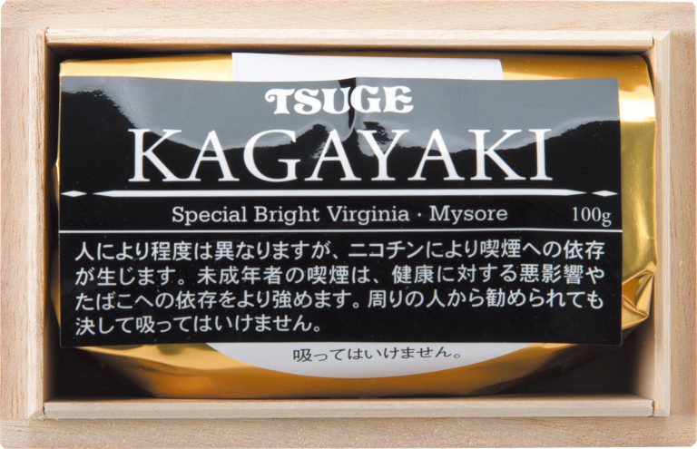 Tsuge Kagayaki 100g参考包装:木盒内为金色袋与黑色标签,TSUGE KAGAYAKI、MYSORE和100g字样可见