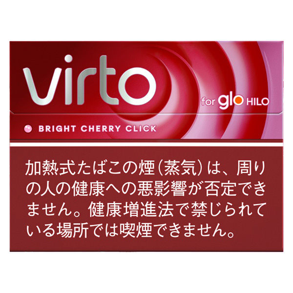virto Bright Cherry Click for glo HILO参考包装:红色横盒上白色virto字标靠左,圆弧向右展开,BRIGHT CHERRY CLICK在中部可读