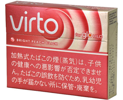 virto Bright Peach Click参考包装:红色横盒用白色圆弧围绕virto字标,BRIGHT PEACH CLICK清晰可读
