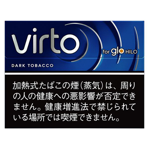 virto Dark Tobacco for glo HILO参考包装:深蓝横盒上有银色弧线,DARK TOBACCO在字标下方,下部黑色警示区