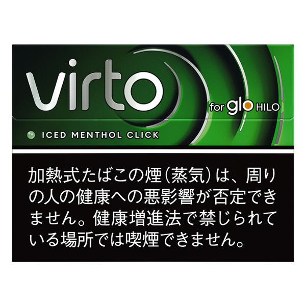 virto Iced Menthol Click for glo HILO参考包装:黑绿横盒中右侧有亮绿色弧面,ICED MENTHOL CLICK完整可读,下部黑底警示