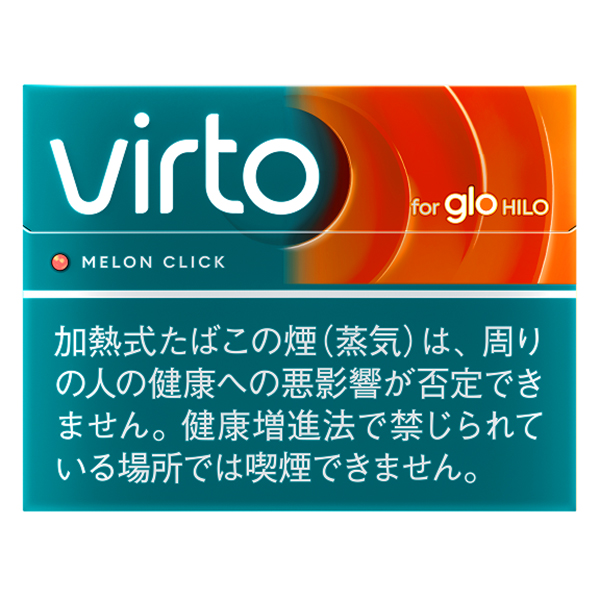 virto Melon Click for glo HILO参考包装:横盒左部青色、右部橙黄色,MELON CLICK前有橙色圆点,下部青色警示区