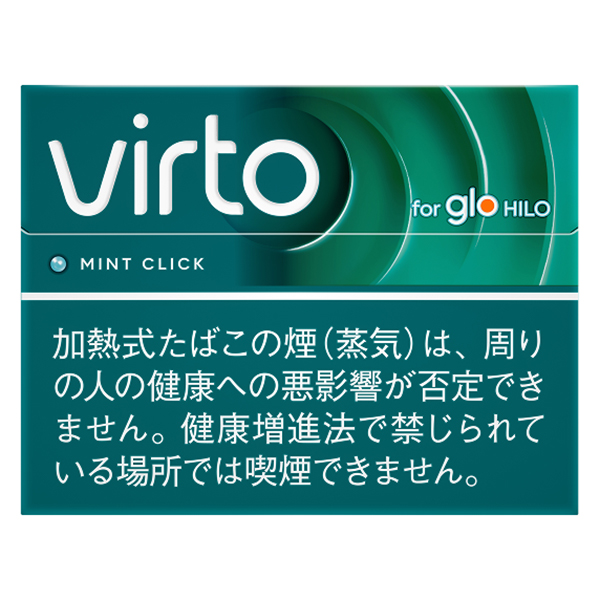 virto Mint Click for glo HILO参考包装:青绿横盒有右向展开的圆弧,MINT CLICK前带小圆点,下部白字警示
