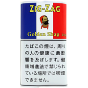 Zig-Zag Golden Shag 袋装参考包装：蓝白红三色竖栏上为ZIG-ZAG和人物头像，下方黄色Golden Shag，白底日文警示