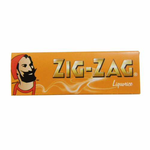 Zig-Zag Liquorice参考包装:橙色横向纸册上有戴帽胡须人物头像和金色ZIG-ZAG字样