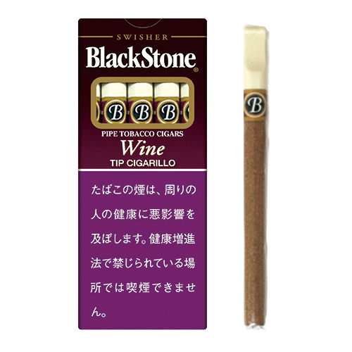 Blackstone Wine Tip Cigarillo参考包装:窄长盒旁并列一支带白色吸口的物体,盒面有Wine和TIP CIGARILLO