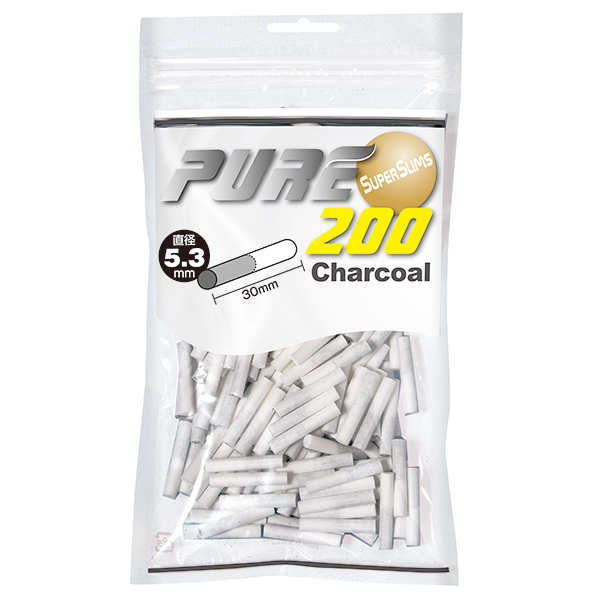 PURE Super Slim Charcoal 200参考包装:灰色袋面上有CHARCOAL及200,黑色柱形示意靠下