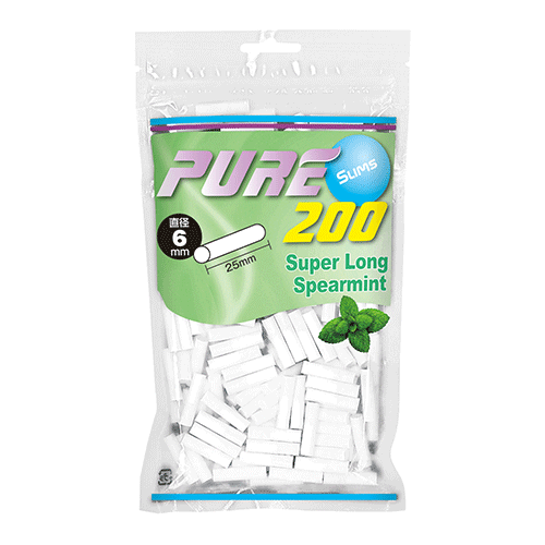 PURE Slim Super Long Spearmint 200参考包装:绿色袋面含叶片图形,SPEARMINT和200并列