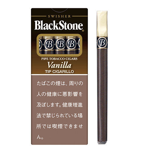 Blackstone Vanilla Tip Cigarillo参考包装:棕色窄长盒与带白色吸口的单支并列,Vanilla和TIP CIGARILLO可见