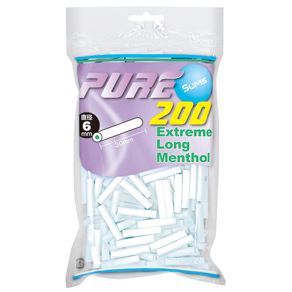 PURE Slim Extreme Long Menthol 200参考包装:紫绿相接的袋面标注EXTREME LONG MENTHOL及200