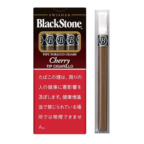 Blackstone Cherry Tip Cigarillo参考包装:红色窄盒与带白色吸口的单支并列,Cherry和TIP CIGARILLO完整可辨