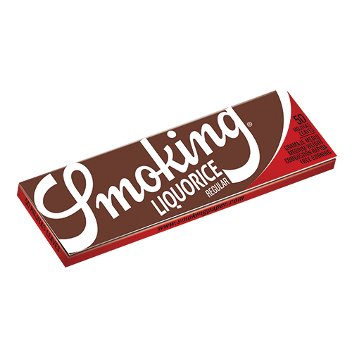 Smoking Liquorice Single参考包装:棕色横向纸册中央是白色斜体Smoking,右端为红色斜角色块,Liquorice字样在侧